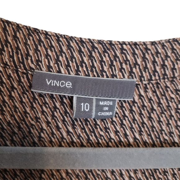 Vince Womens 10 Brown Diagonal Print Long Sleeves V-Neck Placket Silk Blouse - Picture 8 of 10